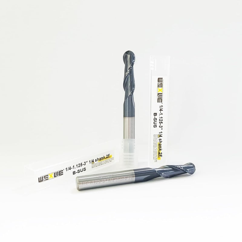 WEXWE Store Tools Extra Long Ball Nose Carbide End Mill, TiAlCN Coating CNC Cutting Tools for Stainless Steel,Hardened Steels, Medium Alloy Steel, 2 Flute,1/4" Shank Lengthen Size (EXL（ .25） 1/4-3", 2pcs) - Image 1